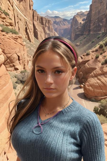 <lora:Wolvie_andr3aDMV_v4.0:1> andr3admv, woman, high cheekbones, slim, narrow face, petite, wearing jade color colored Cable knit headband, background of with a canyon in the background, vibrant rainbow arcing over the landscape, necklace, jewelry, posing, brown Long layers hairstyle, (masterpiece:1.3),(best quality:1.3),8k, highestres, absurdres, perfect composition, delicate, realistic proportions, ultra sharp, beautiful, stunning beauty, beautiful detailed eyes, textured skin, perfect face, Canon50,  perfect shadows,