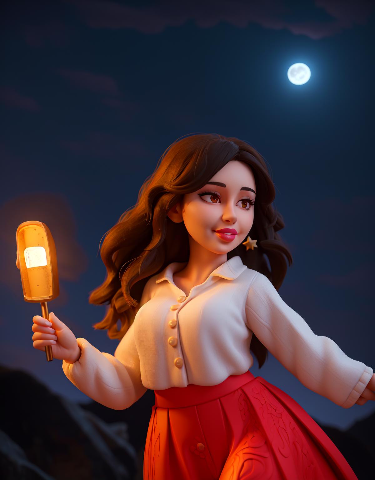 A 3D animated character holding a lantern and standing in front of the moon at night.