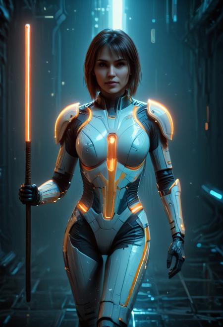 lexa doig as a cute hyperintelligent curvy cyberspace ninja, holding a sharp futuristic red glowing halberd, age-28, (smirking), perfectly engineered, scifi pointy scooped bob haircut, glowing glowneon white porcelain bodysuit covered in intricately detailed yellow circuit lines, futuristic fashion, square shoulders, big sleeves, wide hips, hourglass figure, tight pants, in front of a vast green mad-cyberspace cyberpunk city skyline, masterpiece, high resolution
(Professional photography, tilt-shift lens:0.9)