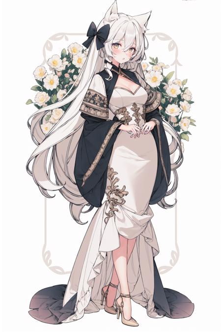 1girl, solo, high heels, long hair, dress, full body, very long hair, animal ears, flower, bangs, white hair, looking at viewer, standing, white background, white dress, hair ornament, long sleeves, blush, breasts, bow, hair between eyes, parted lips, white eyes