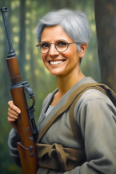 Oil painting by leonardo DaVinci, (woman Sardruiss123) short grey hair, smiling, glasses, wearing in combat clothes, hunting in the forest with a rifle, intricate detail, vibrant, sharp focus, smooth painting,