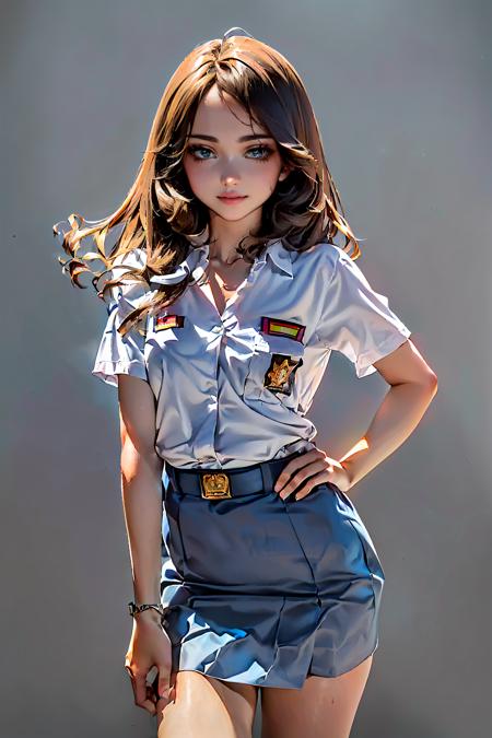 best illustration, anime style, masterpiece, detailed, (((1 girl, cute, delicate, beautiful, slender, petite, portrait, standing, sma_uniform, high school uniform, (schoolgirl uniform:1.5), white shirt, osis, grey skirt, simple background, looking at viewer, from front))),  (ulzzang-6500-v1.1:0.66)   <lora:A_SMA_Uniform_v1a:0.8>