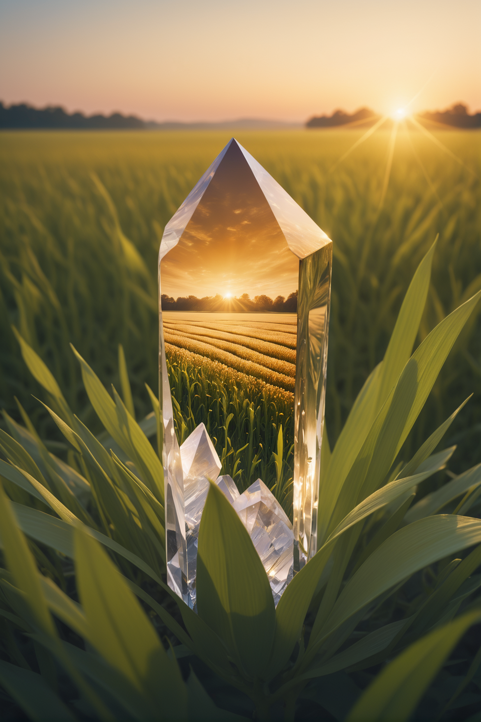 A crystal in the shape of a triangle with a sunset in the background.