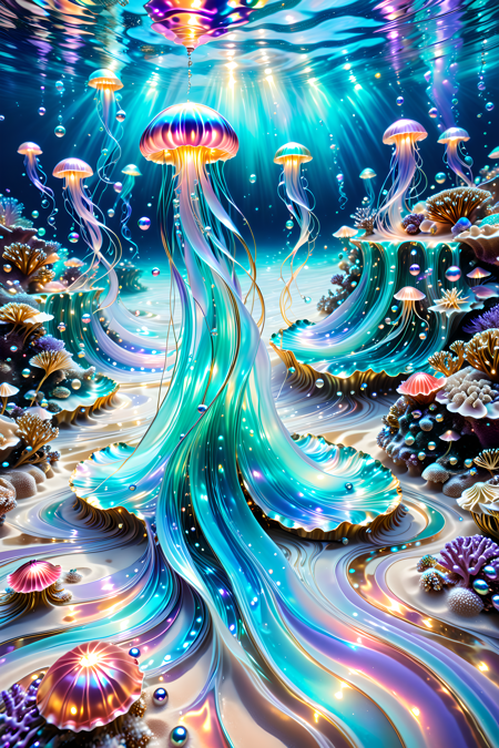 A surreal underwater realm where coral castles drip with glowing pearlescent syrup,jellyfish float like silk lanterns above a pearly sand floor,and luminous mermaids paint ocean currents with swirling trails of light and flowing pigments,magical realism,photoreal style,intricate lighting,wing rivers of colored pearl liquid,her long hair fluttering in the bright water,the swirling currents reflecting shimmering silver,lavender and soft gold,the whole scene exudes divine brilliance and surreal mystery,
photorealistic,ultra-high detail,ethereal light,
made of l1qu1dp34rl,pearlescent,flowing through bioluminescent coral reefs,iridescent bubbles rising in turquoise water,hyper-realistic translucency,pearlescent,
Masterpiece,best quality,hi res,8k,hi res,8k,award winning,(sharp focus, intricate, highly detailed),<lora:SDXLFaeTastic2400:0.4>,<lora:liquidpearlXL_r1:1>,<lora:TrendCraft_The_Peoples_Style_Detailer-v2.1A-3_12_2025-SDXL:0.8>