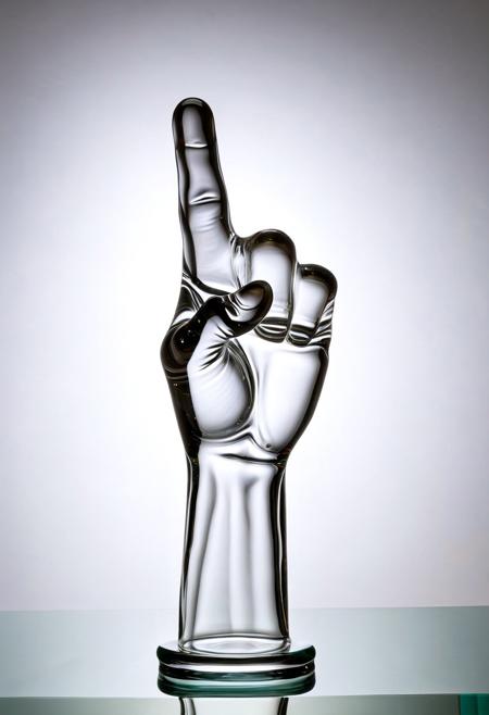 A clear glass sculpture of a raised fist showing the middle finger