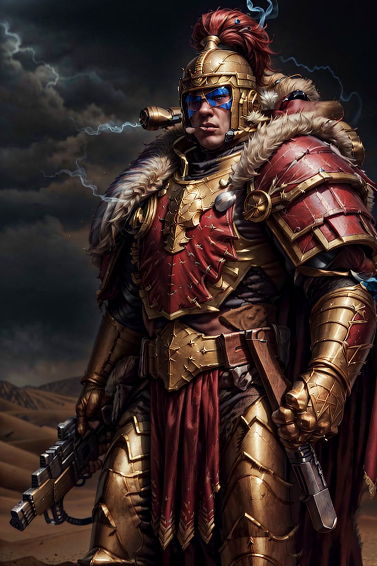 photo of josuke, wearing thunderwarrior armor, visor, smoking cigar, helmet visor,  full armor, gold armor, armor detail, ...