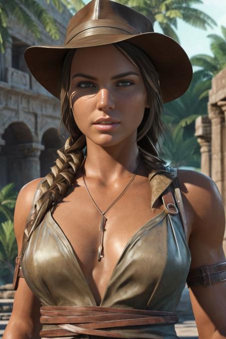 a photo of a beautiful S035_Verunka, as a (female Indiana Jones:1.2), in an (ancient:1.2) city, detailed background, (8k, RAW photo, best quality, ultra high res, photorealistic, masterpiece, ultra-detailed, Unreal Engine)