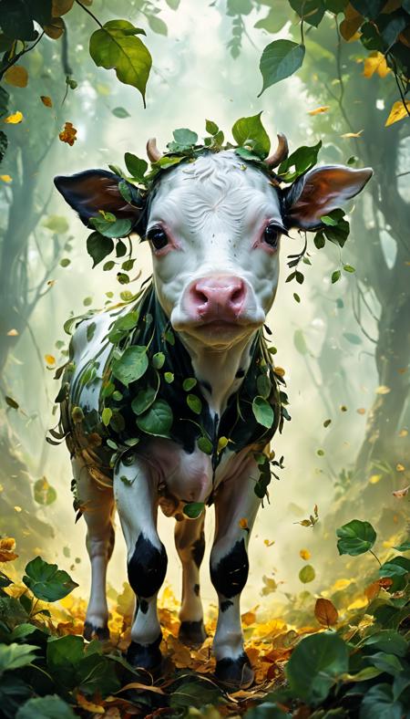 stunning image of a cute adorable wacky calf covered in leafs and foliage, moody, grainy, noisy, concept art, by Alberto Seveso, Cyril Rolando, Dan Mumford, Meaningful Visual Art, Detailed Painting, Digital Illustration, Unreal Engine 5, 32k maximalist, hyperdetailed fantasy art, 3d digital art, sharp focus, masterpiece, fine art,
 <lora:add-detail-xl:1>,
 <lora:xl_more_art-full_v1:1>