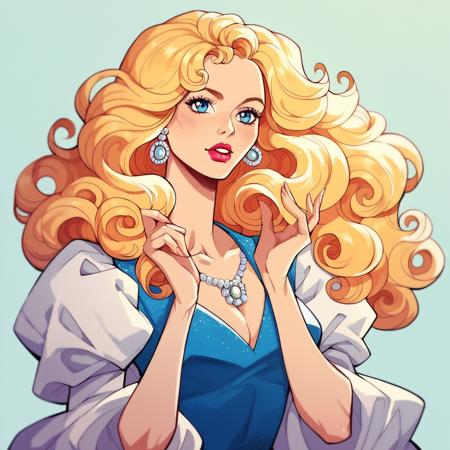 hud_millirob, 1girl, blonde curly hair, blue eyes, solo, dress, jewelry, retro artstyle, smile, lipstick,