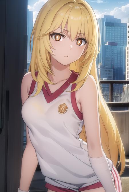 misakishokuhou, <lora:misaki shokuhou s3-lora-nochekaiser:1>, 
misaki shokuhou, blonde hair, hair between eyes, long hair, (symbol-shaped pupils:1.5), + +, (yellow eyes:1.5), (medium breasts:1.2),
BREAK bare shoulders, gloves, gym shirt, gym shorts, gym uniform, shirt, short shorts, shorts, sleeveless, sleeveless shirt, thighhighs, tokiwadai school gym uniform, white gloves, white shirt, white shorts, white thighhighs,
BREAK outdoor, city, sky, sun, clouds,
BREAK looking at viewer, (cowboy shot:1.5),
BREAK <lyco:GoodHands-beta2:1>, (masterpiece:1.2), best quality, high resolution, unity 8k wallpaper, (illustration:0.8), (beautiful detailed eyes:1.6), extremely detailed face, perfect lighting, extremely detailed CG, (perfect hands, perfect anatomy),