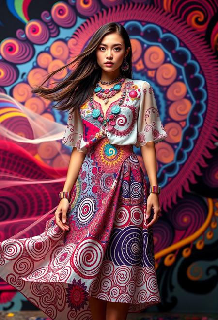 (nubile young woman:1.3), (wearing a fully spirograph-inspired outfit:1.5), (spirograph-patterned skirt:1.6), (geometric spiral motifs:1.5) flowing across fabric, (multilayered spirograph accessories:1.3), (complex interwoven patterns:1.4), (swirling designs on blouse and jewelry:1.2), (vivid colors:1.3), (dynamic animation effect on fabric), (fabric fluttering in wind), (color gradients following spiral lines:1.2), (high-energy patterns:1.3), (soft glowing light on shapes), (psychedelic background hints:1.2), (urban art gallery setting), (delicate and lightweight fabrics:1.4), (smooth flowing pose:1.2), (perfect color harmony), (motion blur hints), (abstract spirograph wallpaper:1.2), (photorealism:-1.5), (mutated limbs:-1.4), (blurry shapes:-1.3), (simple patterns:-1.2), (flat colors:-1.1), (oversaturated lighting:-1.2), (poor proportions:-1.3)
