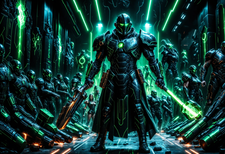 masterpiece, best quality, amazing quality,  cinematic,ultrarealistic, 8k, wide shot,
2android, close-up 2android,full body,dark SF‑fantasy,dynamic shop, fry,hammer,gun,dynamic shopping,steam, action, battle,indoor,
Compete for goods,(audience:1.25),Necron,electricity, green glow, green theme
 <lora:cfg_scale_boost:0.6> <lora:Necron_World_XL:0.8> <lora:crowd_notrigger:0.4>
