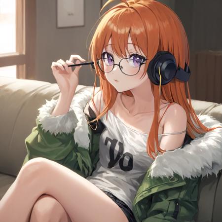 realistic, cinematic, (detailed), (highly detailed), a girl sitting on sofa, sakura_futaba, glasses, behind-the-head_headphones, long orange hair, purple eyes, ahoge, off_shoulder, collarbone, white fur trimmed green jacket, off-shoulder white t-shirt, black_tank_top insinde <lora:futaba_xl-000006:1>