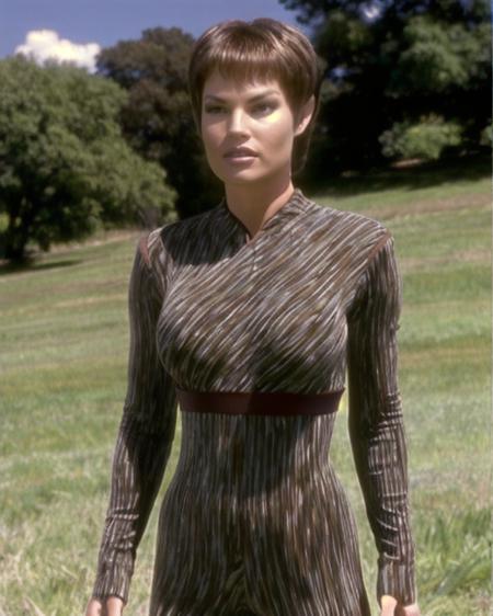 tpol, female, tan skin, pointy ears, very short brown hair, bangs, wearing camouflage bodysuit, large breasts, slender body, medium shot, front view, looking at viewer, standing, outdoors, grassy meadow background, jolene blalock, <lora:tpol_lora:0.8>