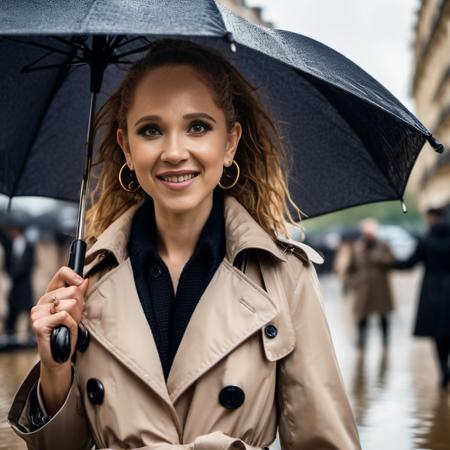 junot,  <lora:junot_resized_256_bf16:1>, a beautiful happy woman, wearing a fashion trench coat, a woman standing out side holding an umbrella, Paris in the fall, (high detailed skin:1.2), 8k uhd, dslr, soft lighting, high quality, film grain, Fujifilm XT3