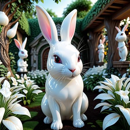 (1 white rabbit made of latex:1.4), fantasy garden background, shnywrld, Leaves_Fantasy, sharp focus, fine details, high quality, precise, high resolution, 4k, 8k,