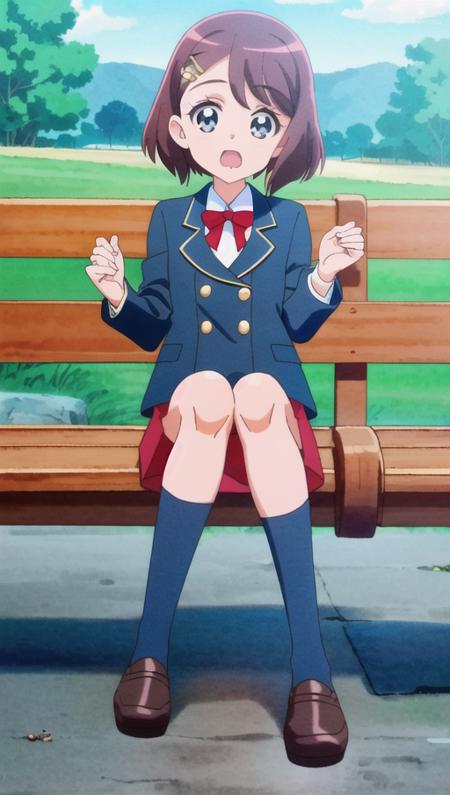 (masterpiece), best quality, (cel anime), highest quality, ((high detail:1.2)), (HDR), (cinematic light:1.1), highres, (fingers 5 fingers),(little girl), (ultimate cute girl), highres, 1girl, solo, (full body), (hanadera nodoka), (school uniform), (white blouse), (navy_blue_blazer:1.5), loafers, (navy_blue_pleated_skirt:1.5), (navy_blue_kneehighs:1.5), blue sky, park,<lora:nodoka_hanadera_v1:0.8>