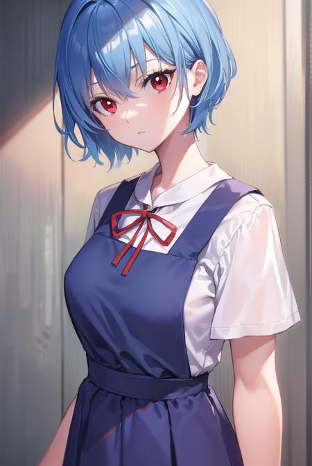 reiayanami, <lyco:reiayanami-lyco-nochekaiser:1>, 
rei ayanami, blue hair, short hair, (red eyes:1.5), (small breast:1.2),
BREAK blue dress, dress, neck ribbon, pinafore dress, red ribbon, ribbon, school uniform, short sleeves, short-sleeved sweater, sweater,
BREAK indoors, classroom,
BREAK looking at viewer, (cowboy shot:1.5),
BREAK <lyco:GoodHands-beta2:1>, (masterpiece:1.2), best quality, high resolution, unity 8k wallpaper, (illustration:0.8), (beautiful detailed eyes:1.6), extremely detailed face, perfect lighting, extremely detailed CG, (perfect hands, perfect anatomy),