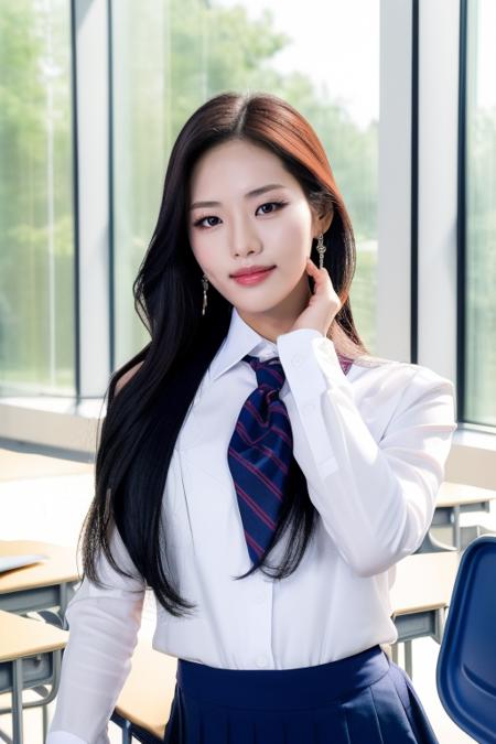 <lora:fromisJiwon:1>,Jiwon,RAW photo,physically-based rendering,(8k, best quality, masterpiece:1.2),(full body shot:1.2),octane render,extremely detailed CG unity 8k wallpaper,studio soft light, rim ligh,in classroom,sunlight,(school uniform:1.5),hyper realistic detail shiny skin,ultra detailed,(ultra realistic:1.5),(looking at viewer:1.2),(intricate:1.2),(photorealistic:1.4),chair,desk,1girl,(skinny:1.3),1girl