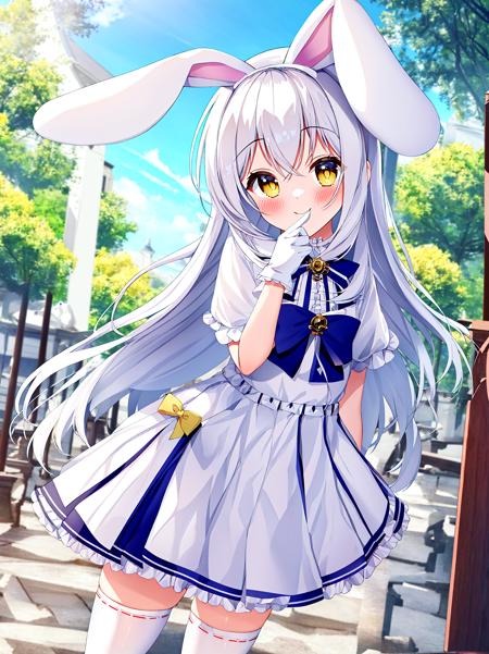 masterpiece,1girl, animal ears, solo, white hair, rabbit ears, thighhighs, gloves, skirt, long hair, yellow eyes, bow, white thighhighs, pleated skirt, white gloves, zettai ryouiki, frills, blush, smile, looking at viewer, outdoors, short sleeves, bowtie, rabbit girl