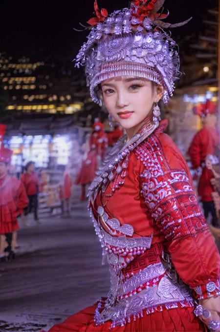 1girl,solo,light smile,night,city,(looking at viewer:1.2),red clothes,hat,long sleeves,earrings,jewelry,blurry background,<lora:Hmong_costume_Red_XL_V2:1>,