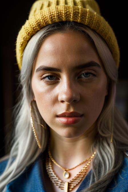 <lora:b1ll1331l1sh:0.9>, a Realistic portrait of b1ll1331l1sh woman,  1girl, long hair, white hair, looking at viewer, yellow wool hat, jewelry, solo focus, necklace, bracelet, lips, grey eyes, ring, watch, realistic, professional Photography, Photorealistic, detailed eyes, RAW, analog, sharp focus, 8k, HD, DSLR, high quality, Fujifilm XT3, film grain, award winning, masterpiece