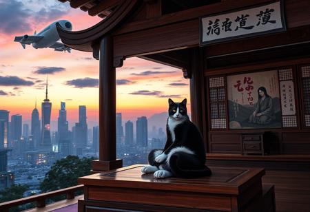 The Setting is a A black cat with a white neck and white feet is curled up in the lap of a meditating Zen Monk, the the monk is meditating at the front on a raised platform in a Zen Buddhist temple made of rich dark woods,  The temple is open and overlooking a futuristic cyberpunk city at dusk in a scene that is both futuristic and traditional Japanese aesthetic, The futuristic cyberpunk skyline with skyscrapers and airships displaying advertisements in Japanese and English,