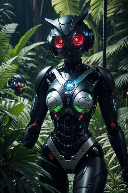 beautiful small robot-owl in the deep jungle, with technicolor big eyes, epic bionic cyborg implants of diferent neon colors, epic, cinematic view, 8k, ultra realistic, vibrant colors, photo realism, trending artstation, octane render, (volumetric lighting:1.2), high contrast, intricate, highly detailed, digital painting