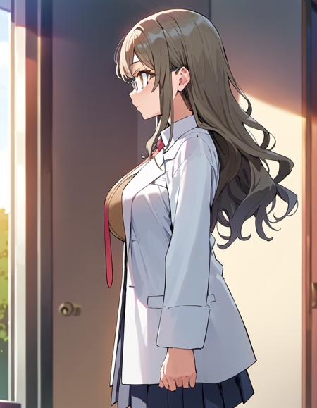 frio, frio, long hair, sidelocks, bangs, brown hair, grey hair, wavy hair, large breasts, rimless eyewear,   school uniform, labcoat, open clothes, white shirt, collared shirt,brown vest,  pleated skirt, black skirt, red necktie, 