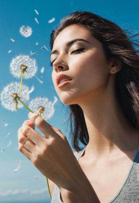 Close-up macro photography captures a woman as she gently blows an abundance of dandelion seeds, 
each one pirouetting through the air against a backdrop of a clear blue sky, 
infusing the moment with a sense of magical weightlessness, 
cinematic style, 
Polaroid nostalgia, 
soft-focus background, 
high shutter speed to freeze motion, 
natural light, 
vibrant yet delicate color palette, 
creating an ultra-realistic image, 
cinema