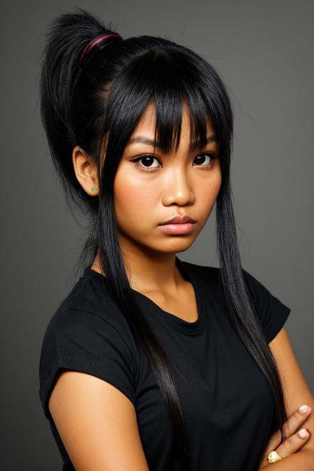 RAW photo of a cute Filipina woman with full lips and long black hair,ponytail,fringe locks,stern worried look