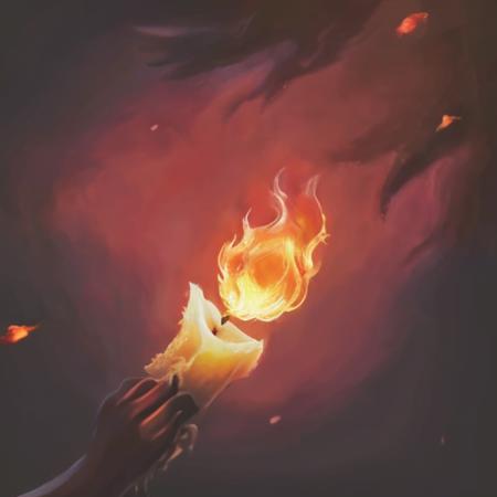 an oil painting, 1girl, breathing_fire, burning, candle, choker, embers, explosion, fiery_hair, fire, flame, flaming_weapon, solo, torch