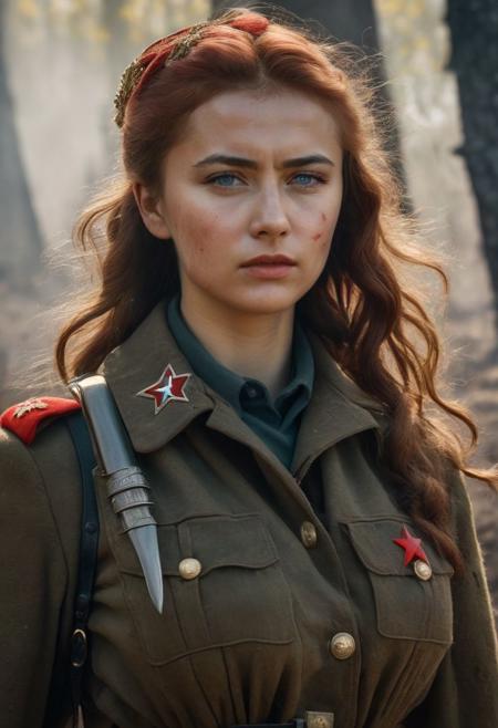 Beautiful Soviet woman soldier in WWII style, Intricately Designed Soviet brown military uniform, ultra-realistic body, realistic dirty face, bloody battle full of dirt and blood, fighting position, wavy red hair, Realistic blue eyes, big beautiful pupils, 8K, fire, dramatic war atmosphere, cinematic lighting, a stark scene from the heat of battle