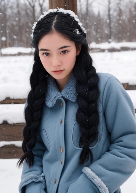 photograph of a young woman, beautiful face, perfect face, (dark blue detailed eyes), blush on face, (Long 1 three-strand braid black hair), pale skin, innocent, snowing at mountain range, (light snowfall), Porta 160 color, shot on ARRI ALEXA 65, bokeh, sharp focus on subject, shot by Don McCullin, (inuit fur-lined clothes open), good hand, finely detailed skin, nsfw, petite body