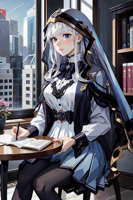 adina, veil, dim lighting, room lighting, library, people sitting at tables in the background, bokeh,
1girl, mature female, medium breasts, looking at viewer, sitting, holding book, sitting at table, (white hair, long hair), (blue eyes:1.2), (expressionless:1.2), raised eyebrow,
school uniform, white shirt, grey jacket, grey skirt, pantyhose,
the girl is sitting in the library and studying, she raises her gaze from her book, perturbed by your presence,  <lora:Game-EternalReturn-Adina:0.8>