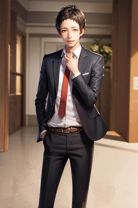 (masterpiece, best quality:1.2), <lora:persona4_adachi-10:1>, cowboy shot, solo, male focus, 1boy, adachi tohru, smile, closed mouth, looking at viewer, formal, suit, red necktie, black pants