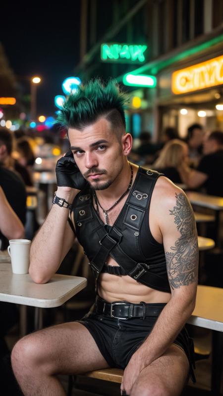 gritty grungy seedy raw street photography, plain clean earthy male punk rocker, matrixpunk cybercostume, green mohawk, harness, sitting in a busy crowded street diner, late night, sharp backdrop, (hyperrealism:1.2), (8K UHD:1.2), (photorealistic:1.2), shot with Canon EOS 5D Mark IV, detailed face, punk hair, <lora:1.5_perfect hands:0.8> Perfect Hands