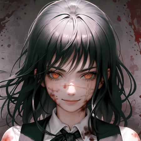 1girl, portrait of beautiful AsaCSM, looking_at_viewer, solo, school_uniform, shirt, collared_shirt, pinafore_dress, dress, ribbon, white_shirt, smile, black_ribbon, blood, red_eyes, blood_on_clothes, blood_on_face, blood_splatter, volumetric lighting, best quality, masterpiece, intricate details, tonemapping, sharp focus, hyper detailed, trending on Artstation, <lora:AsaCSM1800:1>