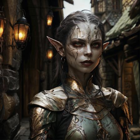 highly detailed photo of a female (githyanki:1.15) in a medieval village,

((1girl)), long hair, pointy ears, looking at viewer, black hair, eyes,  gorget, earrings, necklace, green skin,teeth,

angry,

standing on a medieval street,

photorealistic,
silhouette lighting,
cinematic, militaristic,







