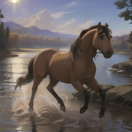 1horse, buckskin coloured horse with a black mane without white spots with a dark brown nose, a black tail, and brown eyes, running, (sun shining), in the river, Soft Lighting, 8k, photorealistic, UHD, HDR, sideview, view from the side, (best quality, masterpiece), ((four legs:1.4)), spirit2002, one head, <lora:spirit2002:0.45>