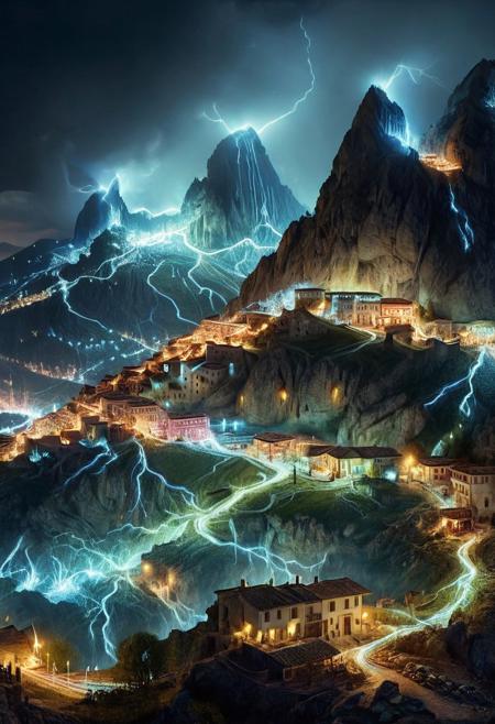 their peaks veiled in mist. mixed media, surrealism, great lighting, A surreal landscape highly detailed . extremely high-resolution details,  appears trapped in an optical illusion of reflections and refractions colorful , mountains and village in Ancient Greece , night, lightning, storm, professional photography, natural lighting, volumetric lighting maximalist. intricately detailed, complex, elegant, expansive, fantastical, film photography style,  medium grain