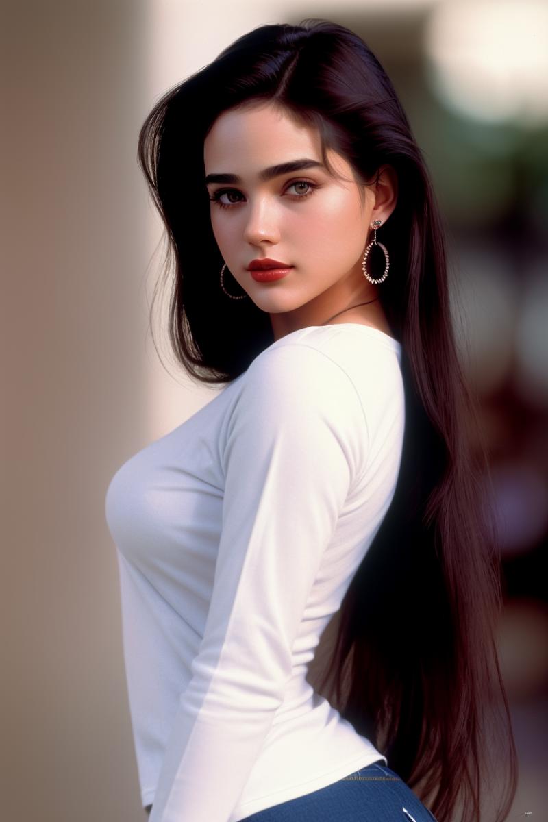 A young, beautiful, long-haired woman wearing a white shirt and earrings.