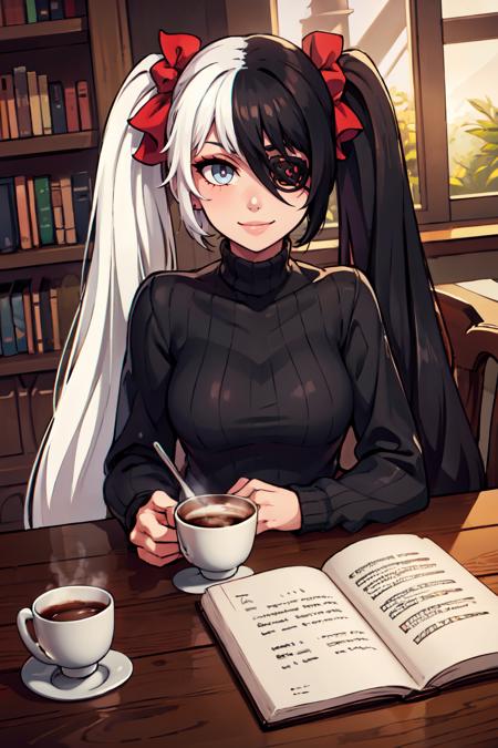 zzPohwaran, solo, 1girl, eyepatch, multicolored hair, two-tone hair, split-color hair, black hair, white hair, hair between eyes, twintails, very long hair, zzPohwaran, solo, 1girl, eyepatch, multicolored hair, two-tone hair, split-color hair, black hair, white hair, hair between eyes, twintails, very long hair, fingerless gloves, belt, leotard, boots, gauntlets, sideboob, ribbon, bare shoulders, scrunchie, sailor collar, armband, hair ornament, leather pants, gatling gun,