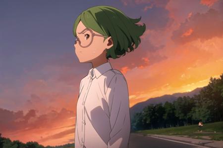 glida, neverland, 1girl, sunset, outdoors, masterpiece, solo, looking away, short hair, shirt, brown eyes, white shirt, green hair, glasses, collared shirt, <lora:Glida:0.8>