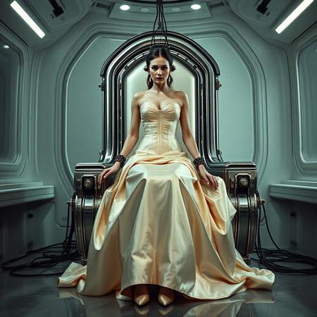 A slender, arrogant  rich norvegian bride, dressed in a luxurious, rich fantasy satin wedding gown with a fitted, boned corset and a full, flared skirt, paired with satin high heels, orgasm face. The massive electrodes holding her head pressed to headpillow,  cables to a  futuristic superconputer rack. Her hands and ankles are bound to a polished steel throne with massive glass hood  by massive steel restraints, accentuating her ultra-thin waist.  weird fog from the floor. The scene is set in a sterile, empty chamber, with a glossy mother-of-pearl finish, evoking a sense of futuristic dread. Inspired by the cinematic styles of Ridley Scott, Guillermo del Toro, and H.R. Giger, with a blend of sci-fi and horror elements, this full-body portrait is a masterpiece of cinematic storytelling, shot on a virtual v-raptor XL camera, with a warm, film-grained aesthetic, subtle vignette, and rich color grading, reminiscent of 35mm film, with dramatic, atmospheric lighting, inviting the viewer to immerse themselves in this epic, stunning scene.