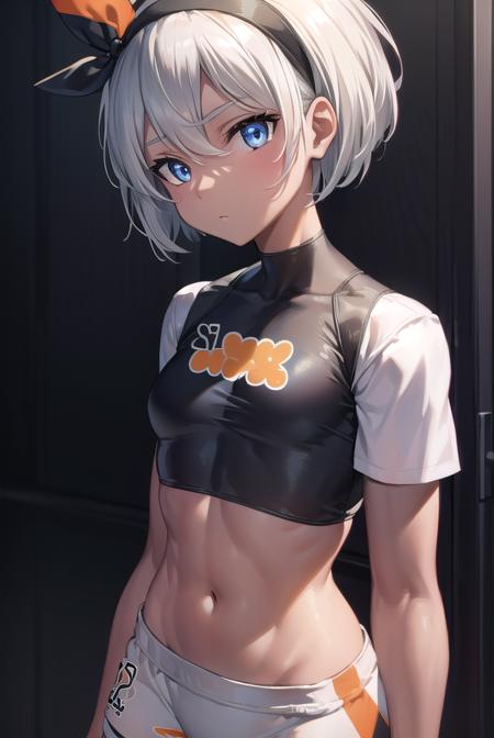 pokemonbea, blue eyes, dark skin, dark-skinned female, grey hair, hair between eyes, short hair, ribbon, hair ribbon, hairband, black ribbon, black hairband, bodysuit, covered navel, shorts, single glove, glove, crop top, white shirt, short sleeves, collar, white shorts,