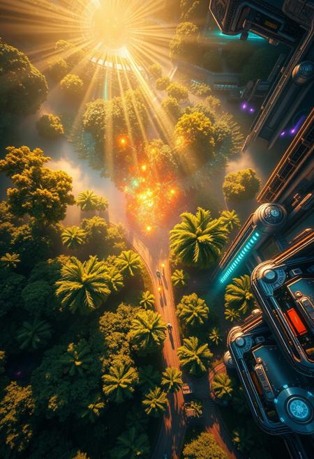In a breathtaking overhead shot, a kaleidoscope of colors radiates from the nascent world, as evolved beings emerge amidst lush, verdant landscapes and futuristic architecture. Soft, golden light illuminates the scene, highlighting the harmonious fusion of natural and advanced elements. The energy of rebirth pulses through the air, as beings with glowing auras interact with towering trees and sleek, metallic structures, blending nature's beauty with technological innovation.