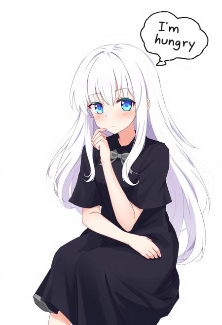 A girl, sitting, black dress, blue eyes, long white hair, thinking about food, thought bubble “I’m hungry”