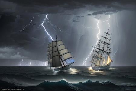 sailboat, storm, lightning, clouds, HDR (High Dynamic Range), Ivan Aivazovsky, Maximum Clarity And Sharpness, Multi-Layered Textures,nightsky background,