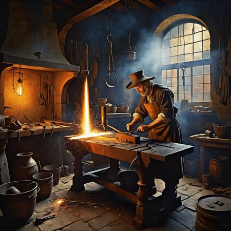 mysterious blacksmith in a baroque painting style, inspired by Jan Vermeer and Rembrandt van Rijn, historical art, oil painting, cinematic volumetric lighting, amazing details <lora:add-detail-xl:1>